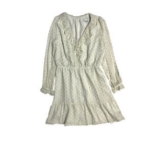Ann Taylor Loft Off White Cream Gold Ruffle V-Neck Dress Long Sleeve Size Medium